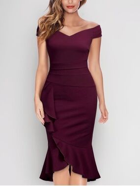 Knitee Brick Red Off Shoulder V-Neck Ruffle Pleated Bodycon Dress L